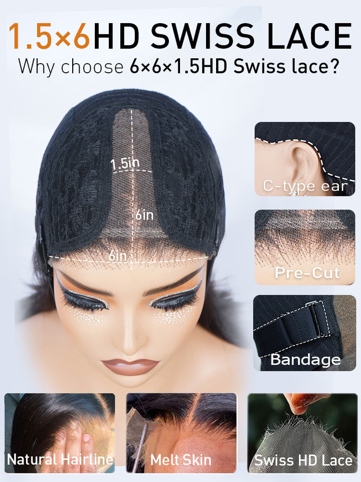 Water Wave  Human Hair Swiss Lace 6X1.5 Lace Wig Preplucked Hairline 250% Density Wigs