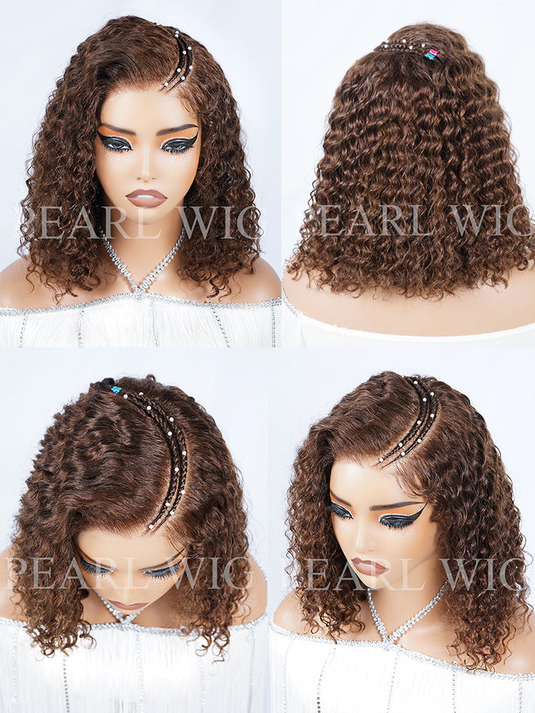 Chestnut Color Curved Moon Pre-Braiding Water Wave Human Hair Wig 5x5 HD Transparent Lace Front Wigs