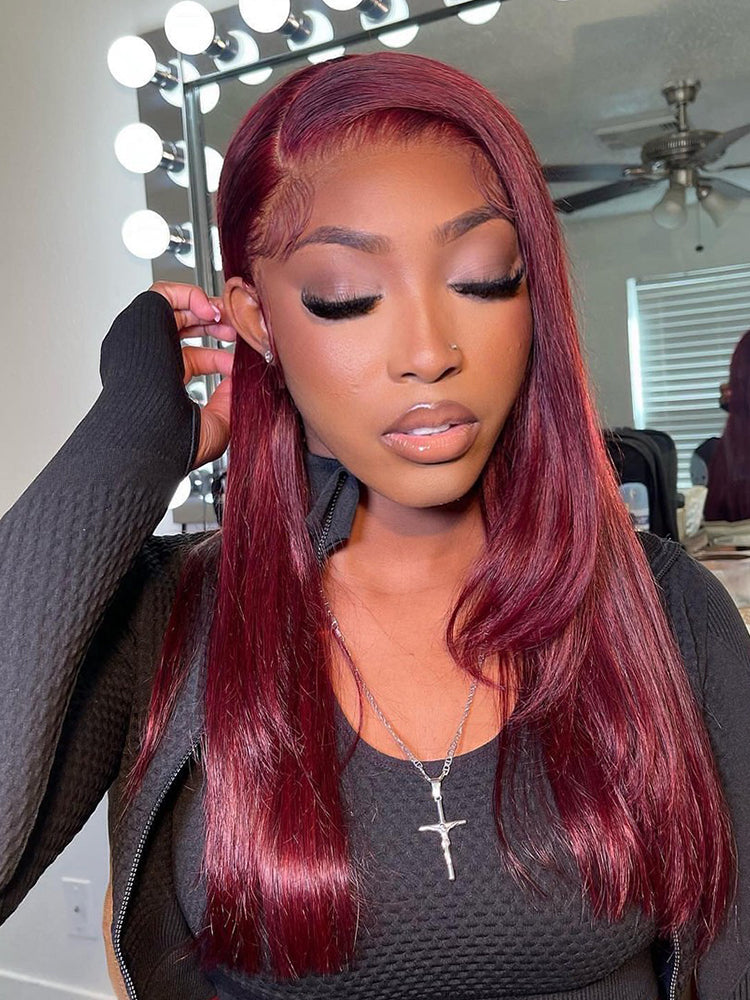 Burgundy Straight Human Hair 13x4 Lace HD Transparentce Human Hair Wig 180% Density Pre-Everything Wig
