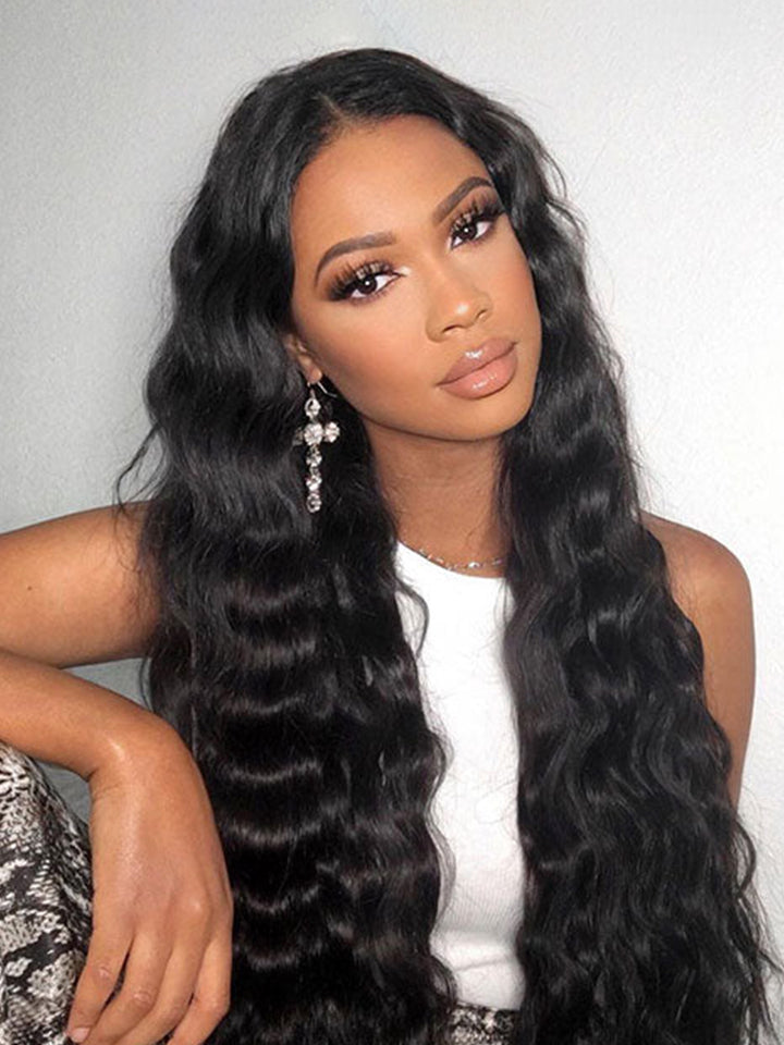 Human Hair Loose Deep Wig 250% Density 9x6 Lace Closure Wig Natural Black Color