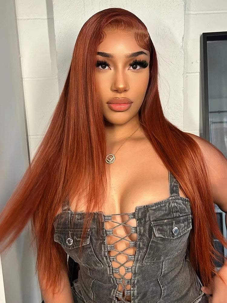 PEARLWIG Straight Human Hair 13x4 HD Lace Closure Wig Reddish Brown Color Nature Wave Wig For Women