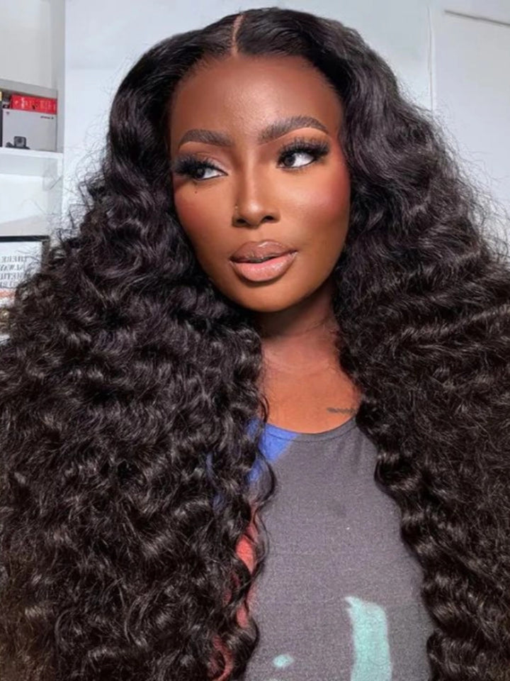 Deep Wave Human Hair Lace Front Wigs 13x4 Glueless HD Lace Wig Natural Black With Baby Hair