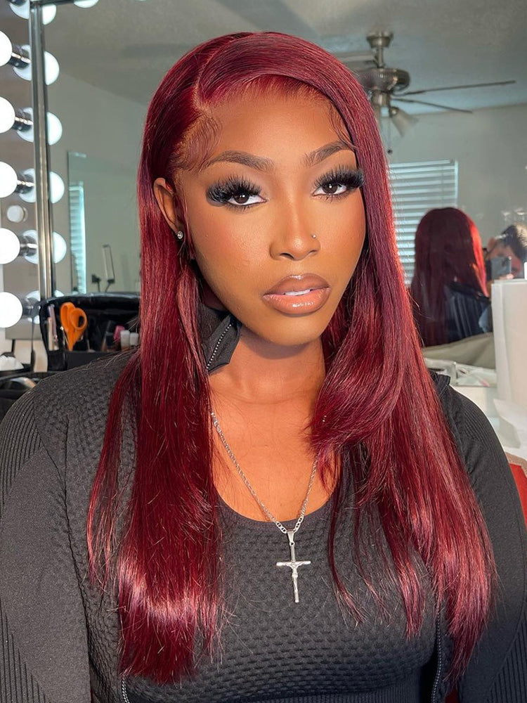Burgundy Straight Human Hair 13x4 Lace HD Transparentce Human Hair Wig 180% Density Pre-Everything Wig