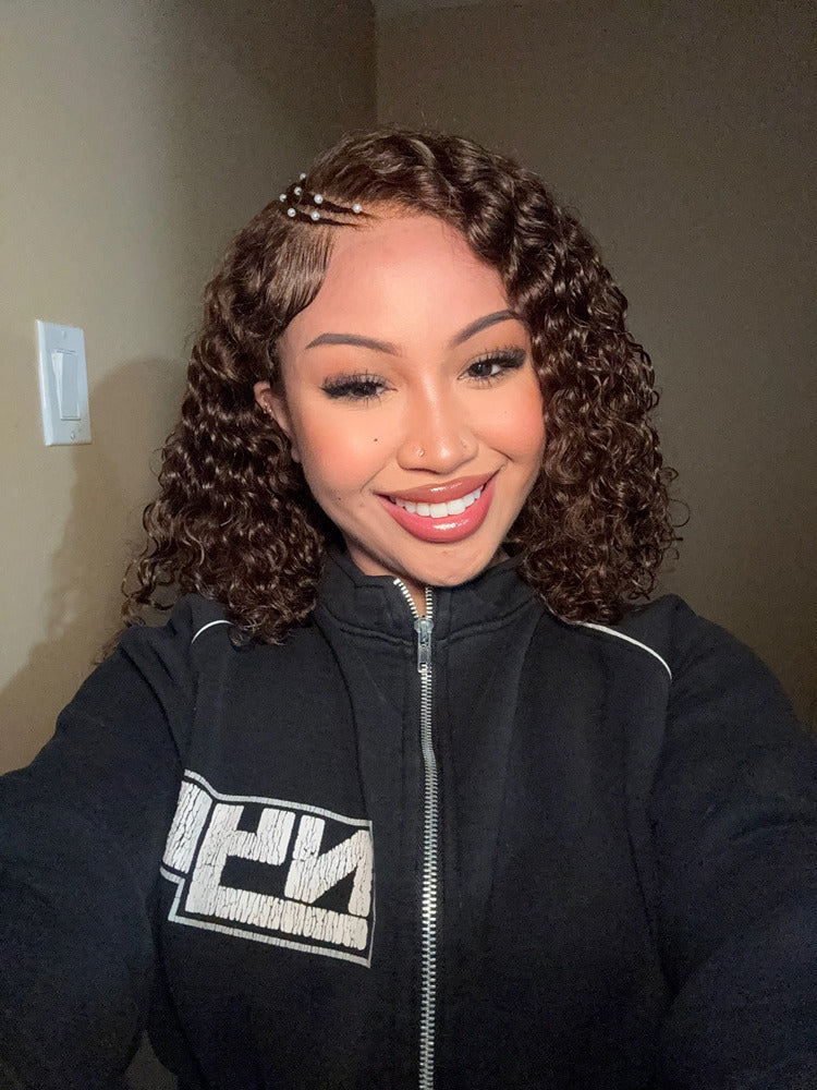 Chestnut Color Curved Moon Pre-Braiding Water Wave Human Hair Wig 5x5 HD Transparent Lace Front Wigs