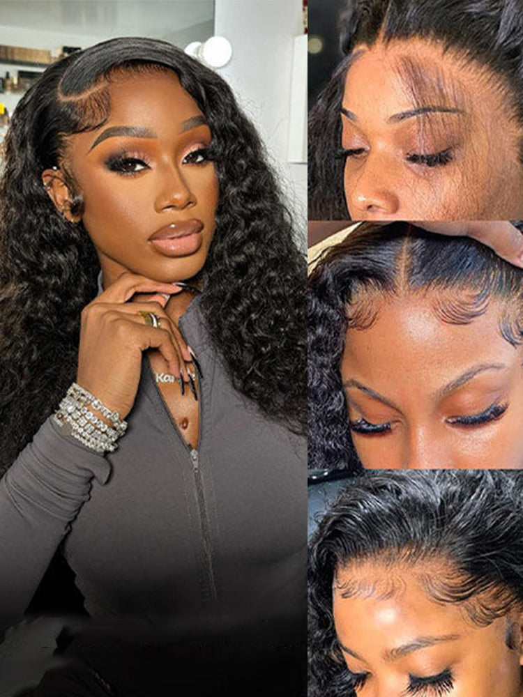 Deep Wave Human Hair Lace Front Wigs 13x4 Glueless HD Lace Wig Natural Black With Baby Hair