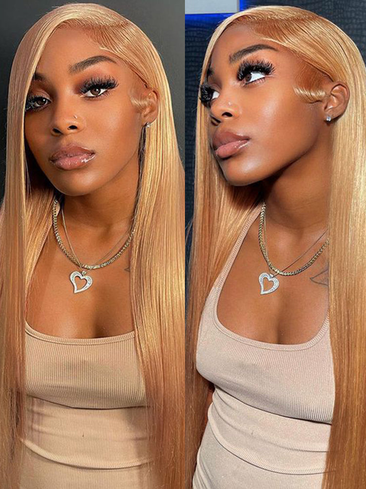 #27 Color Straight Human Hair Wig Honey Blonde Lace Front Wig 13×4 Frontal HD Lace Wig