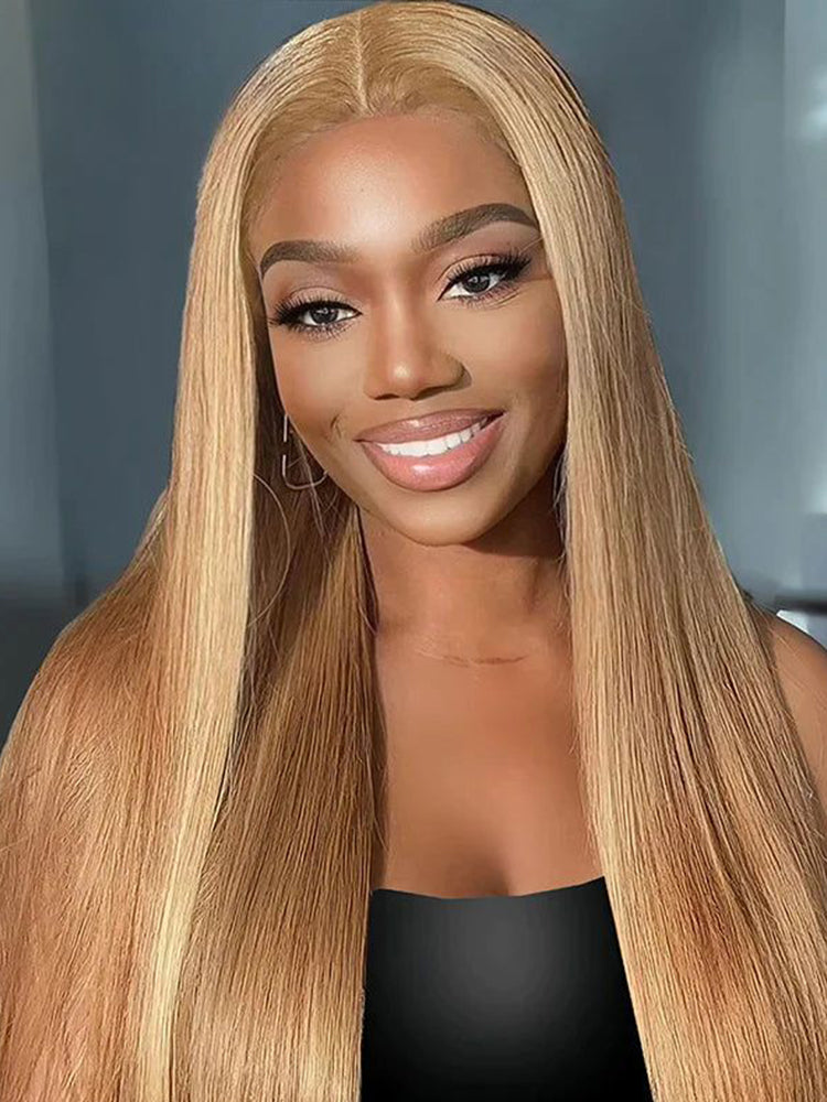 #27 Color Straight Human Hair Wig Honey Blonde Lace Front Wig 13×4 Frontal HD Lace Wig