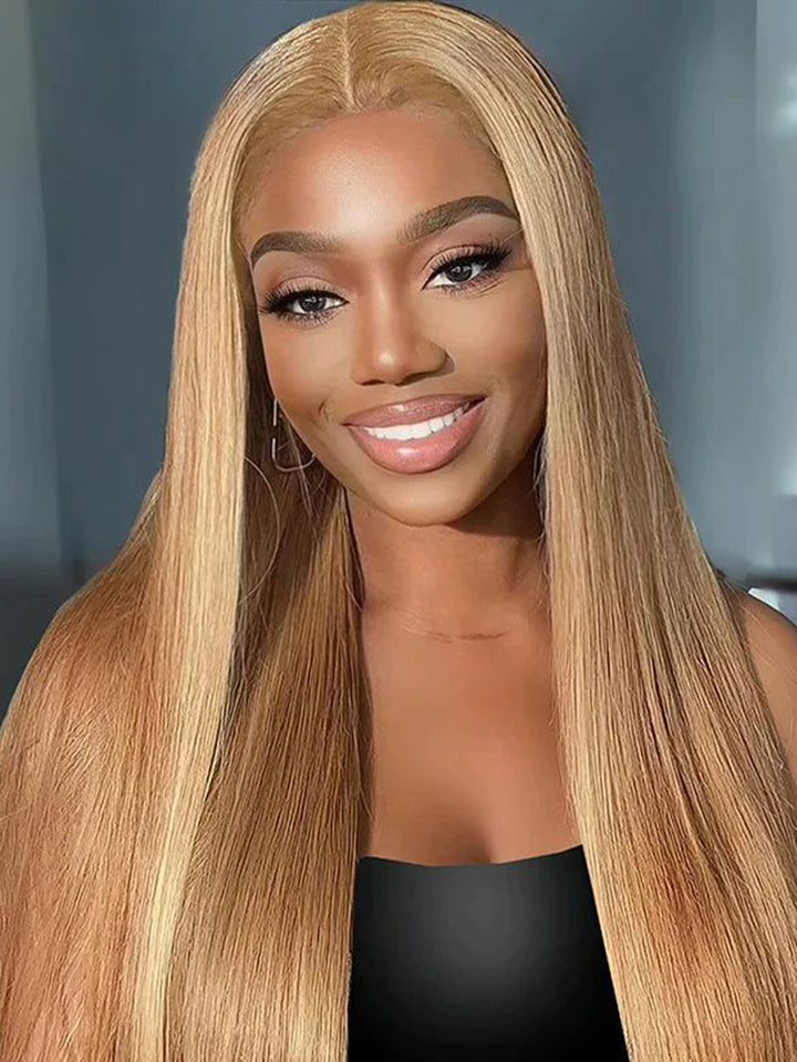 #27 Color Straight Human Hair Wig Honey Blonde Lace Front Wig 13×4 Frontal HD Lace Wig