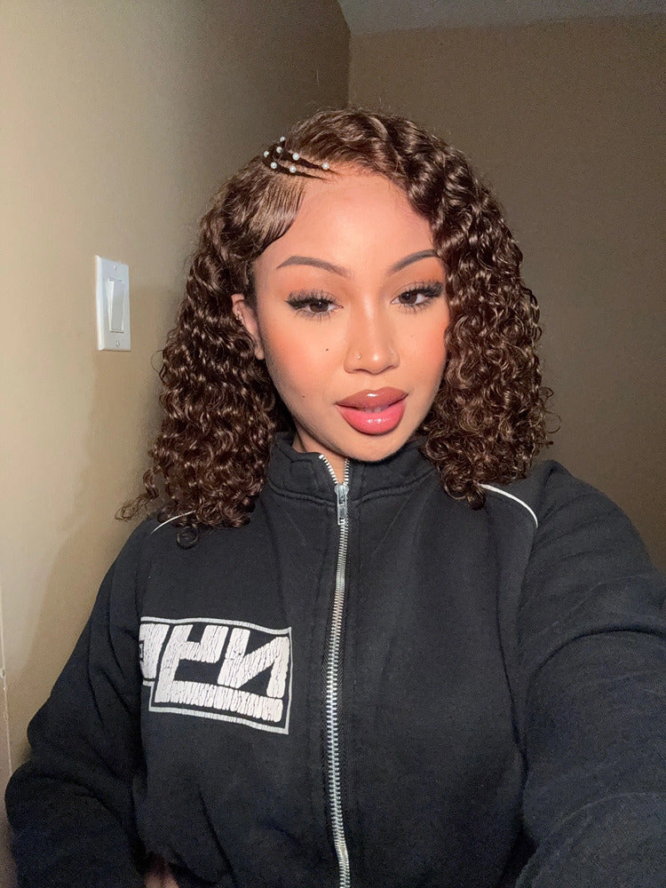 Chestnut Color Curved Moon Pre-Braiding Water Wave Human Hair Wig 5x5 HD Transparent Lace Front Wigs