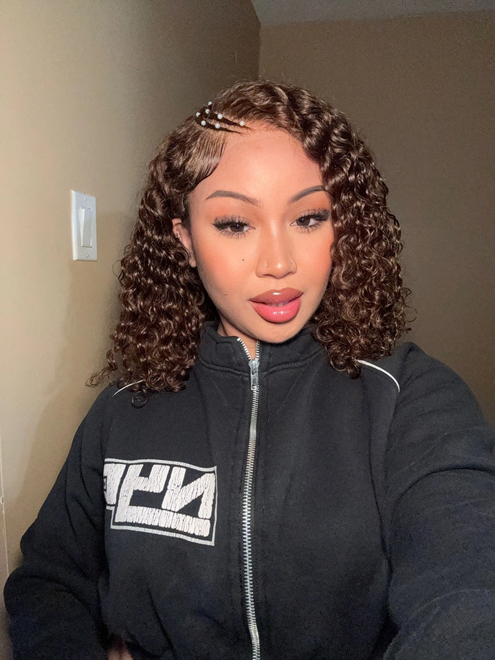 Chestnut Color Curved Moon Pre-Braiding Water Wave Human Hair Wig 5x5 HD Transparent Lace Front Wigs