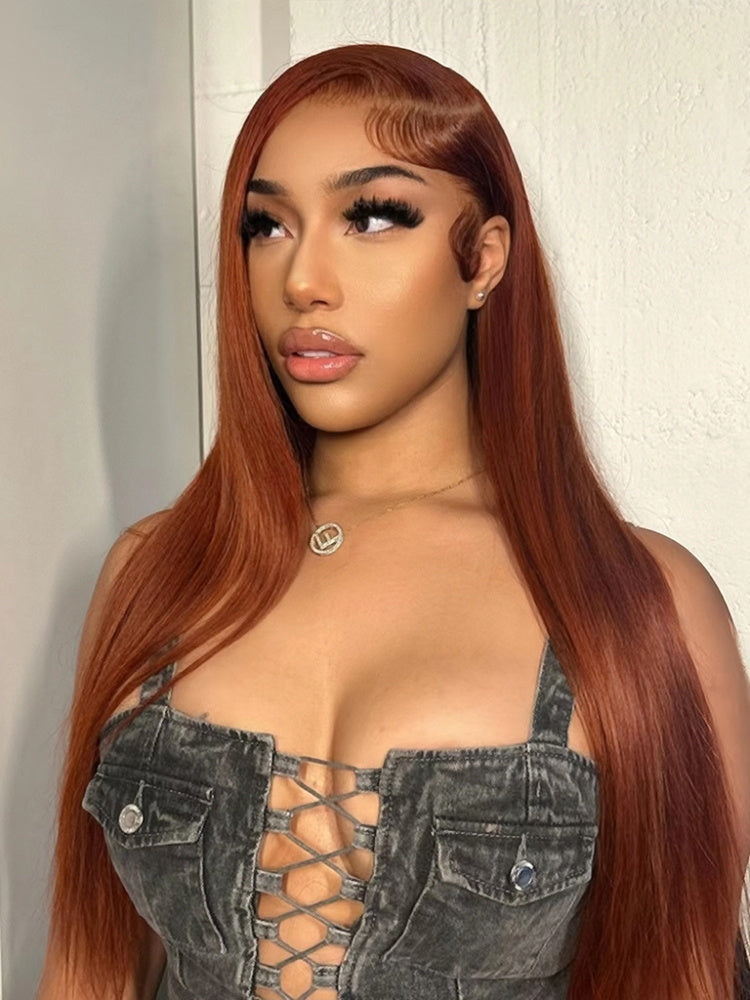 PEARLWIG Straight Human Hair 13x4 HD Lace Closure Wig Reddish Brown Color Nature Wave Wig For Women