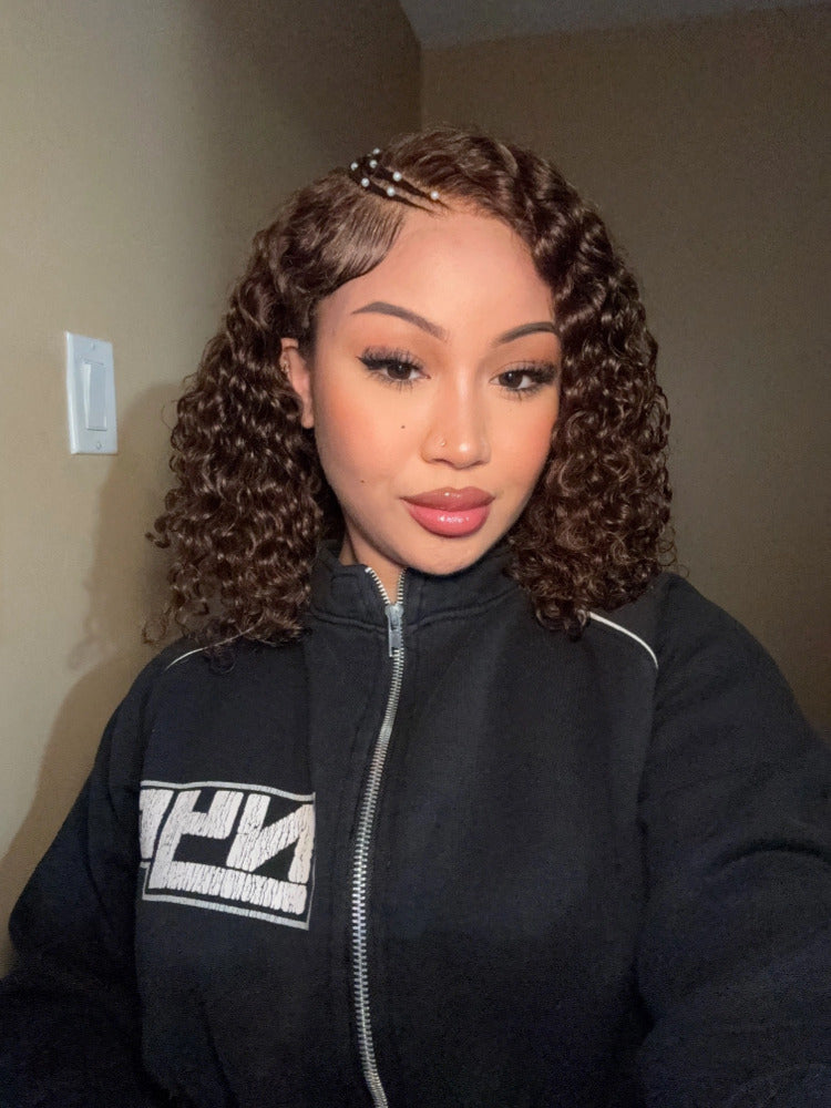 Chestnut Color Curved Moon Pre-Braiding Water Wave Human Hair Wig 5x5 HD Transparent Lace Front Wigs