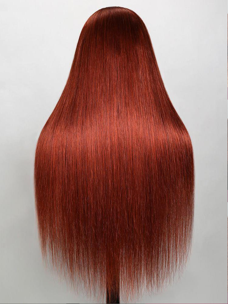 PEARLWIG Straight Human Hair 13x4 HD Lace Closure Wig Reddish Brown Color Nature Wave Wig For Women