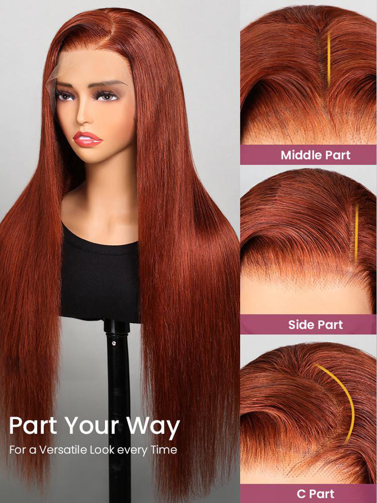 PEARLWIG Straight Human Hair 13x4 HD Lace Closure Wig Reddish Brown Color Nature Wave Wig For Women