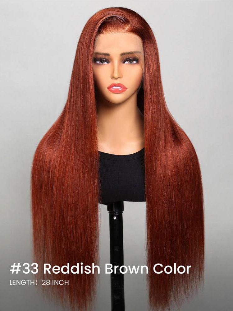 PEARLWIG Straight Human Hair 13x4 HD Lace Closure Wig Reddish Brown Color Nature Wave Wig For Women