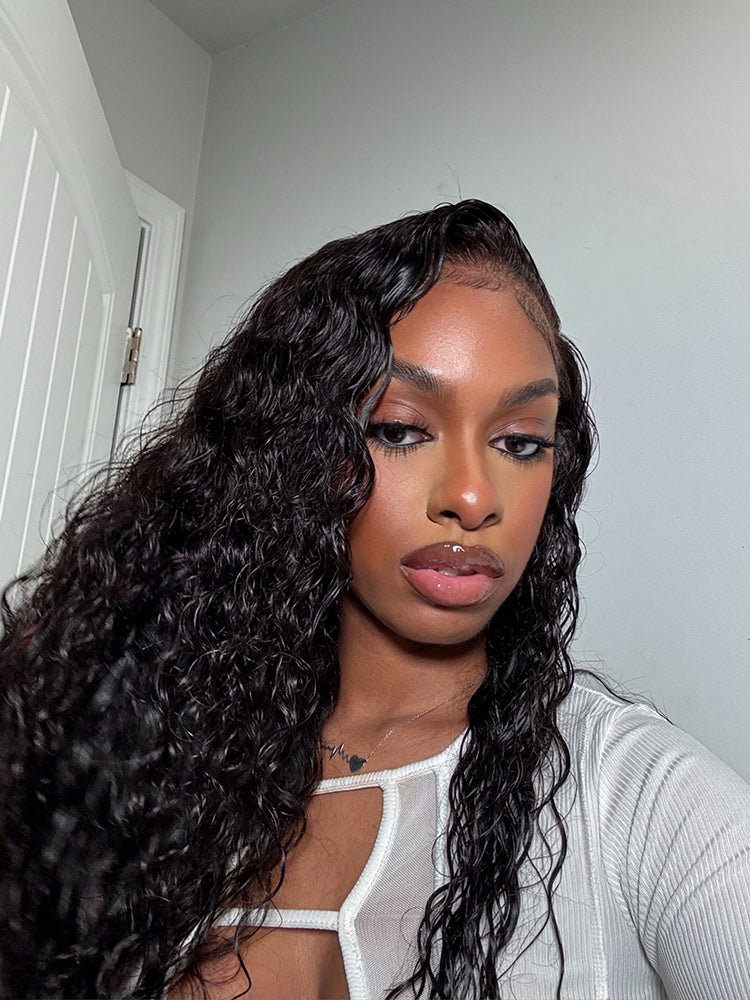 Deep Wave Human Hair Lace Front Wigs 13x4 Glueless HD Lace Wig Natural Black With Baby Hair