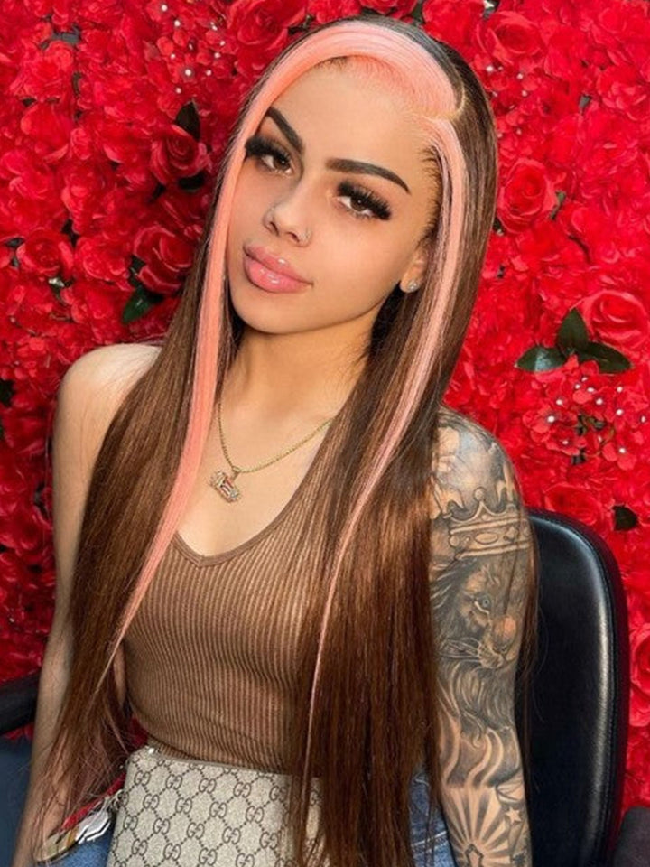 Strawberry Pink & Chocolate Skunk Stripe Color Wig Straight and Body Wave 13x4 Lace Front Wig