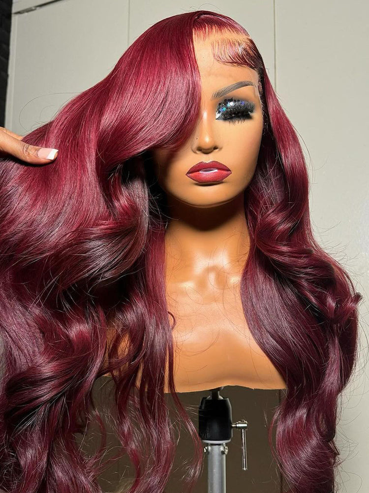 Body Wave Human Hair Wig Pre-Everything Wig Burgundy Color 13x4 HD Lace Transparentce Human Hair Wig