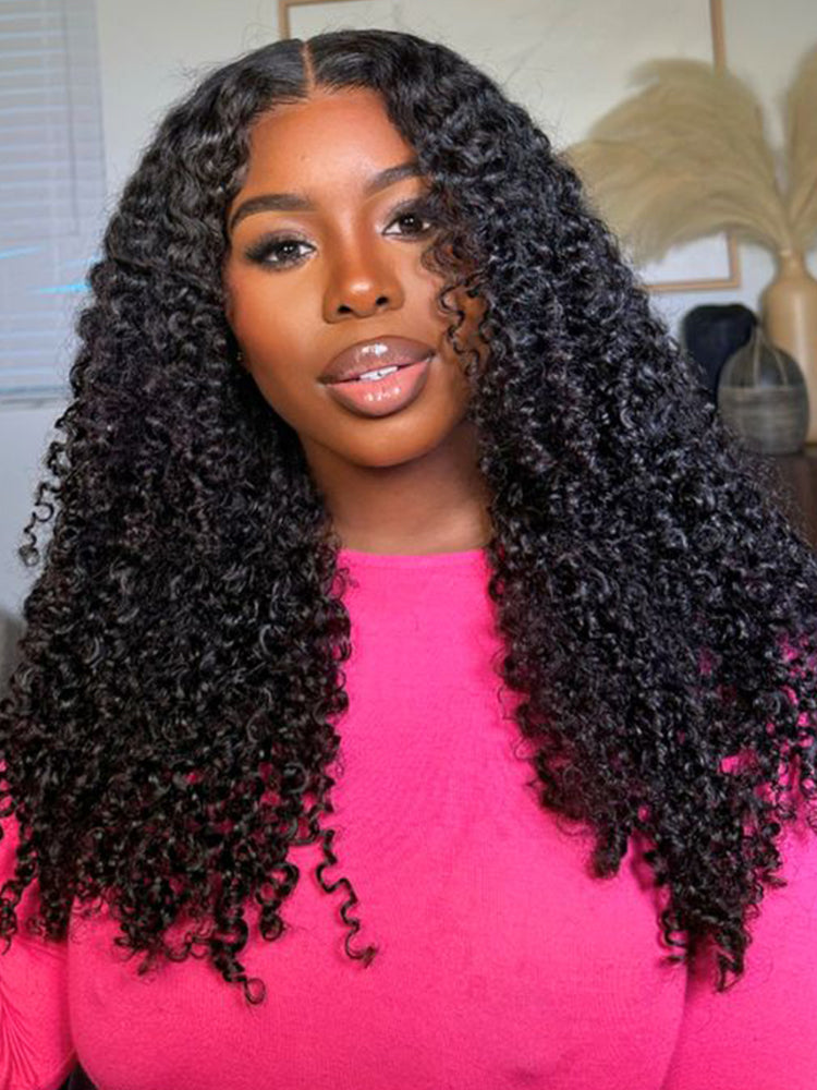 Kinky Curly Swiss Lace Part Human Hair Wig Preplucked Middle Part Frontal Wigs