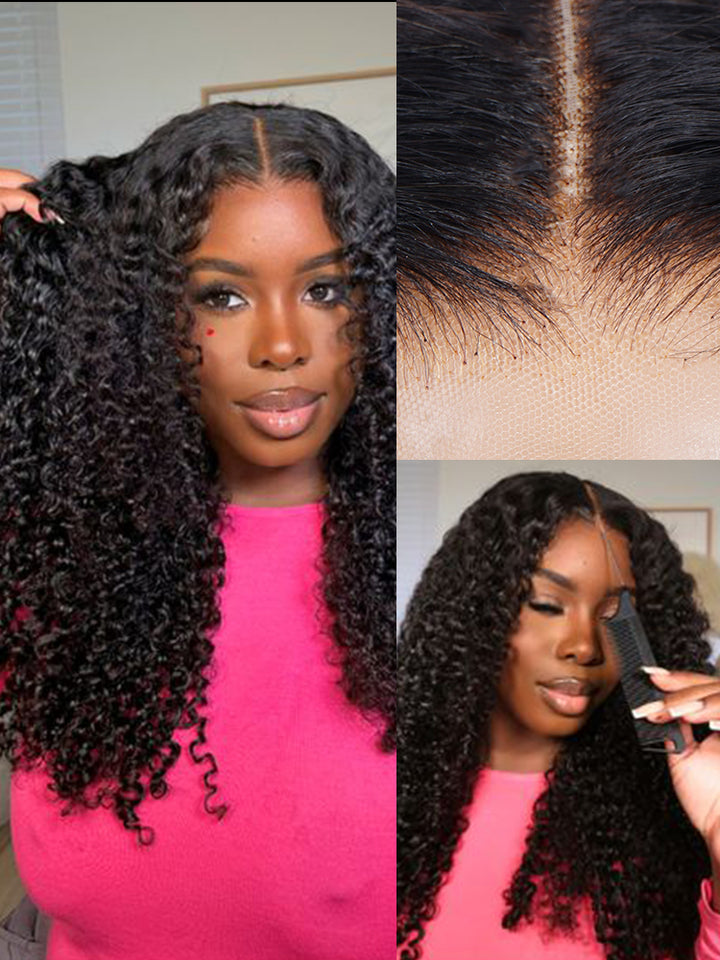 Kinky Curly Swiss Lace Part Human Hair Wig Preplucked Middle Part Frontal Wigs