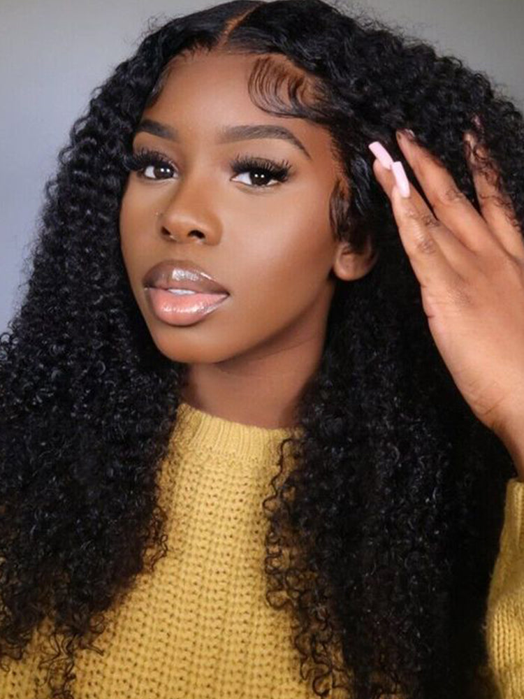 Kinky Curly Swiss Lace Part Human Hair Wig Preplucked Middle Part Frontal Wigs