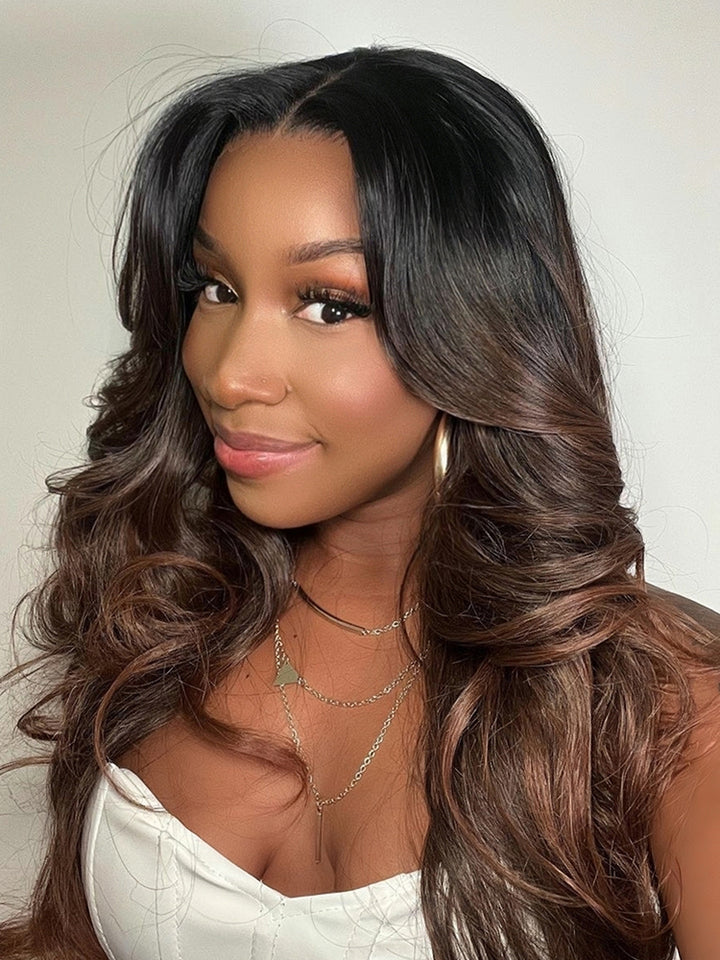 Black With Light Brown Highlights Body Wave Wig 13x4 Glueless Lace Human Hair Wig For Woman