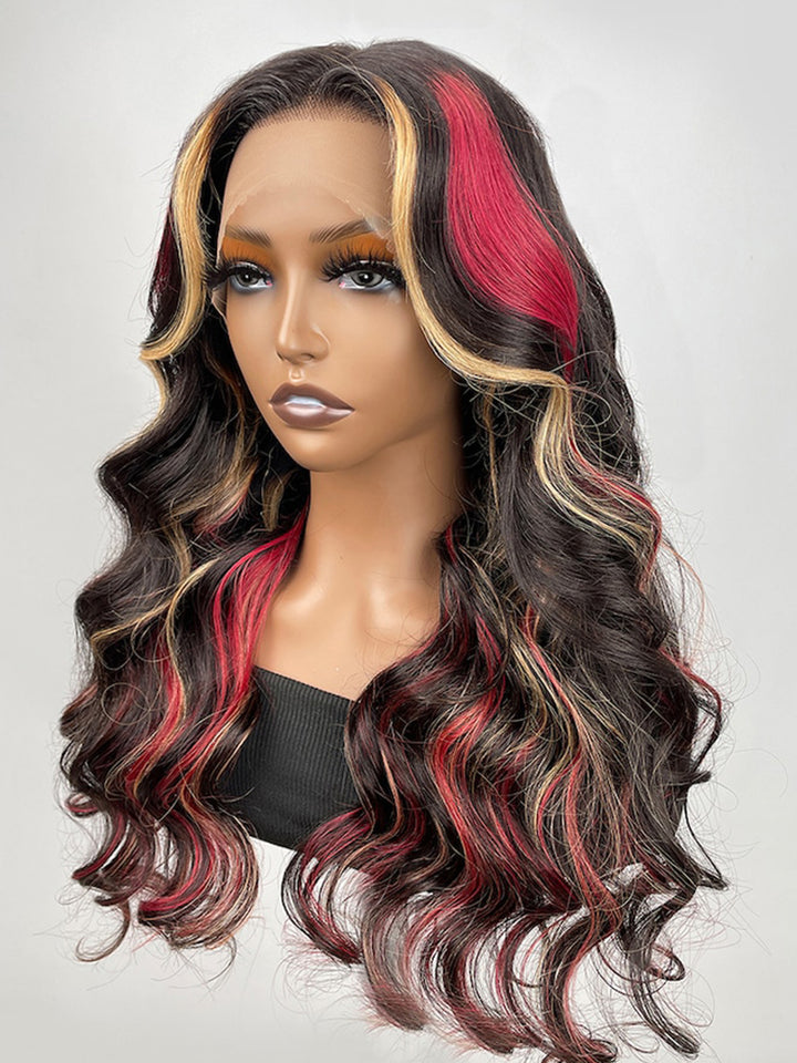 Black With Red & Blonde Highlights Body Wave Human Hair Red And Blonde Wig
