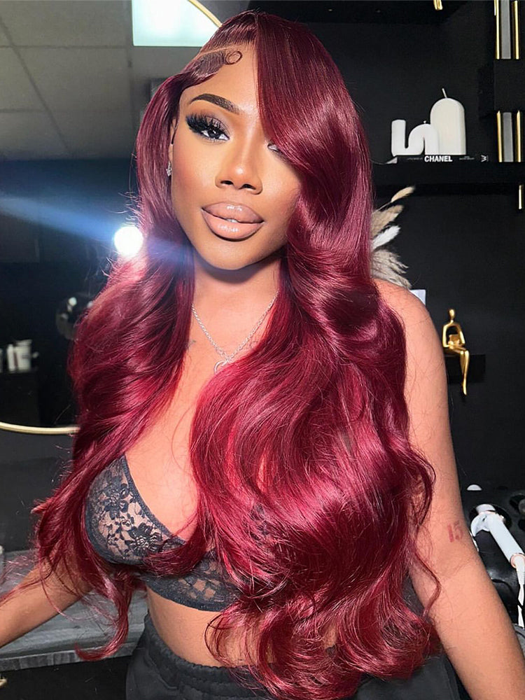 Body Wave Human Hair Wig Pre-Everything Wig Burgundy Color 13x4 HD Lace Transparentce Human Hair Wig