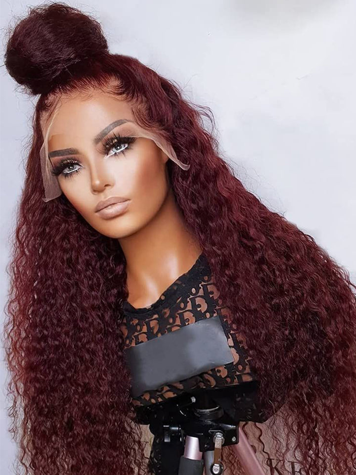 Red Burgundy Colored Deep Wave Human Hair Wig HD Transparent Human Hair Wigs