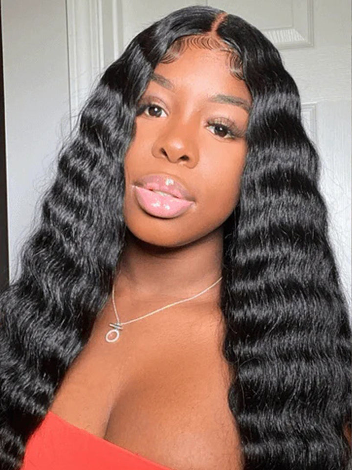 Human Hair Loose Deep Wig 250% Density 9x6 Lace Closure Wig Natural Black Color