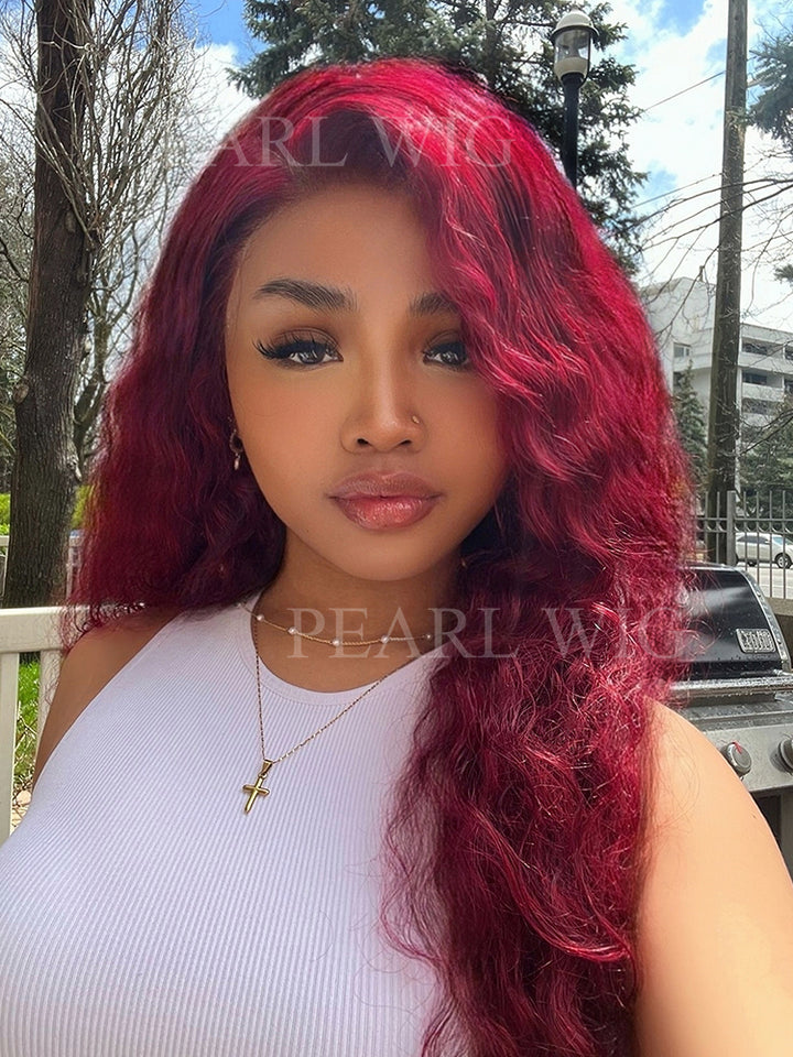 Red Burgundy Colored Water Wave Human Hair Wig HD Transparent Human Hair Wigs