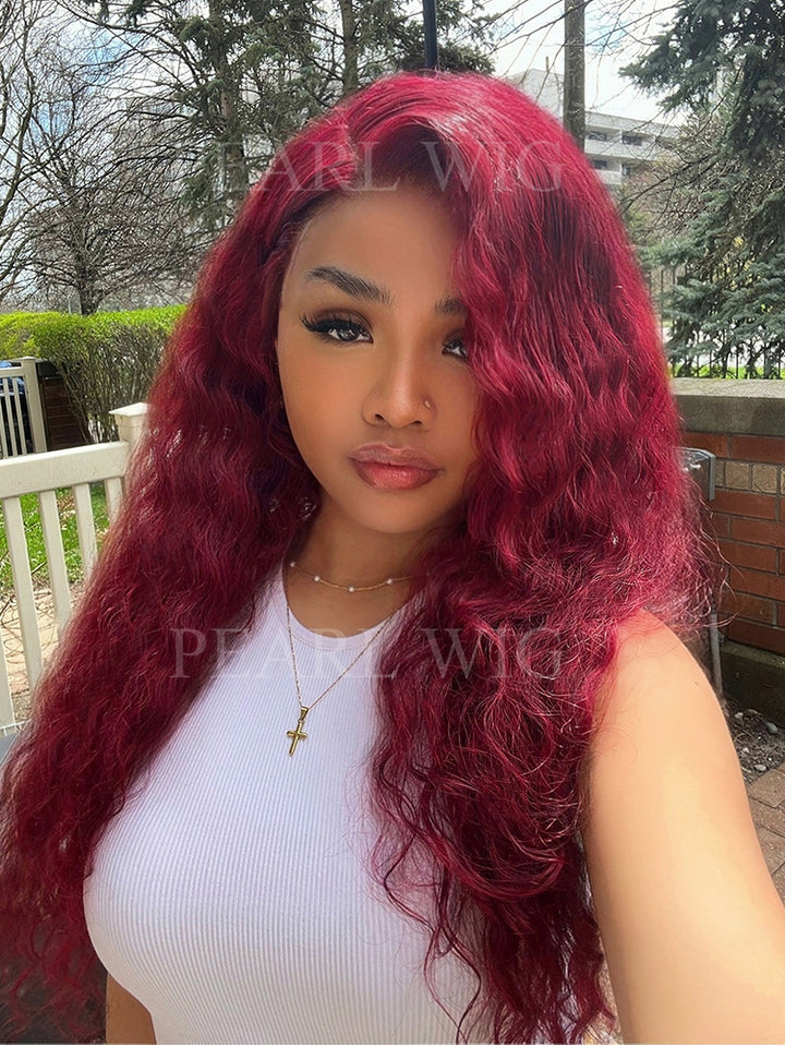 Red Burgundy Colored Water Wave Human Hair Wig HD Transparent Human Hair Wigs