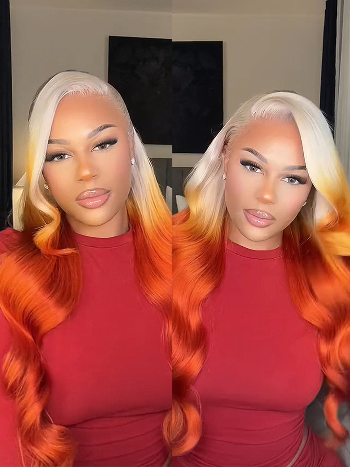 613 Blonde Ombre Highlight Ginger Orange Color Body Wave Human Hair Pre Cut 13x4 Lace Front Human Hair Wigs