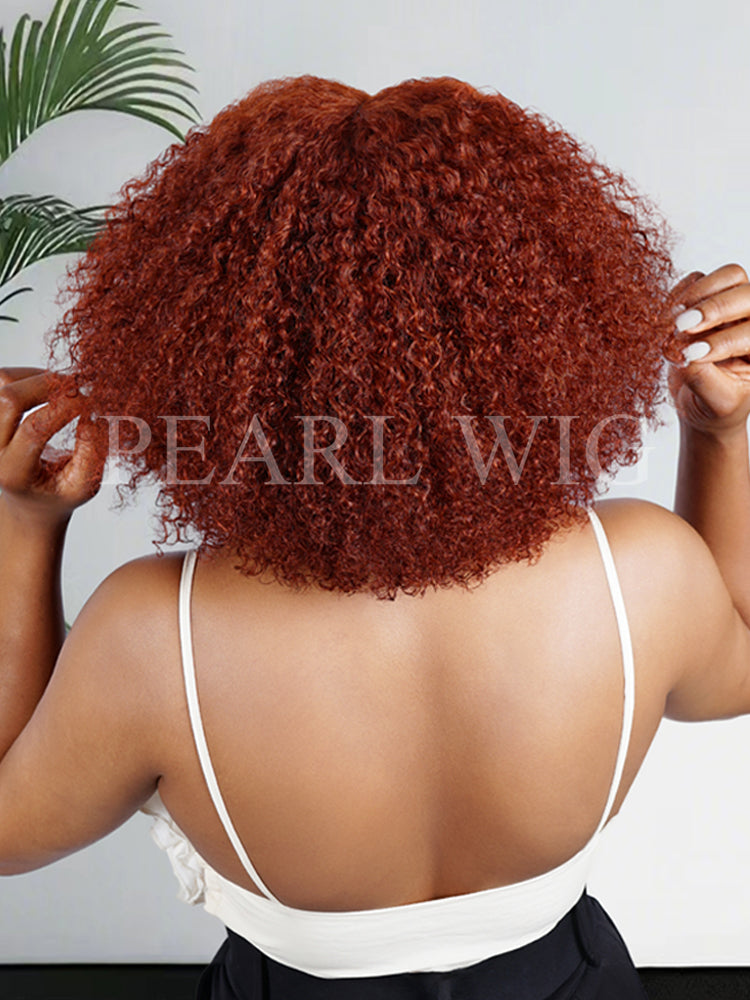 Kinky Curly Bob T part Lace Closure Wig Red-brown Color 1.5x6 Lace Human Hair Wig For Women