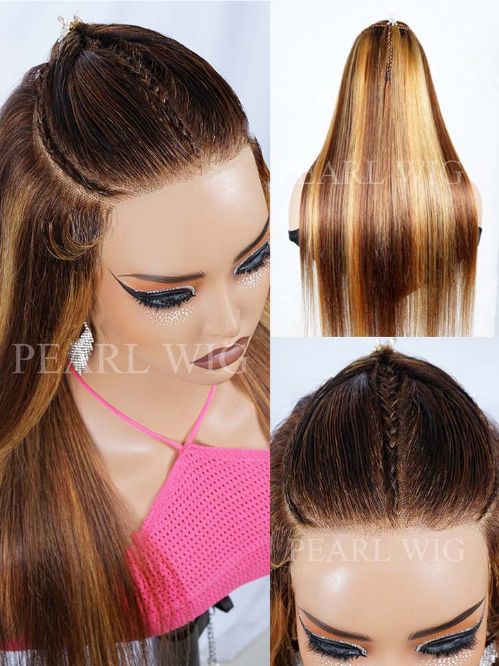 Pre-Braiding Highlights Ombre Straight 13x6 Lace Human Hair Wig Mini Knot Pre-Cut Lace Wigs