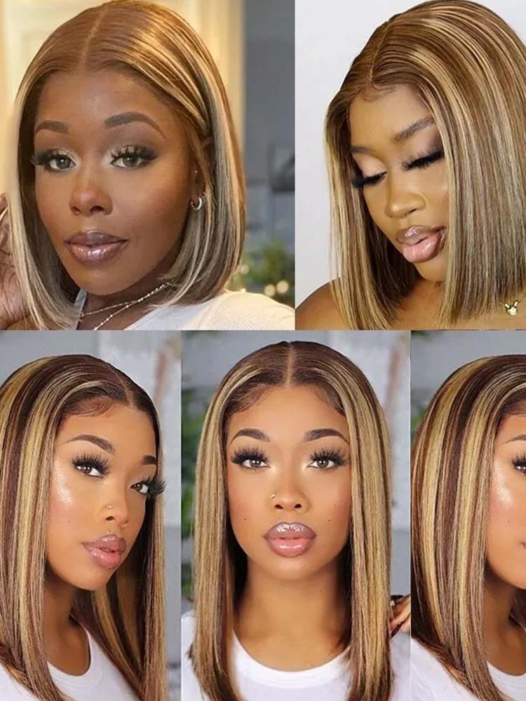 Straight Bob Glueless Wigs Human Hair Highlights Ombre Wig 13x4 Glueless Wig