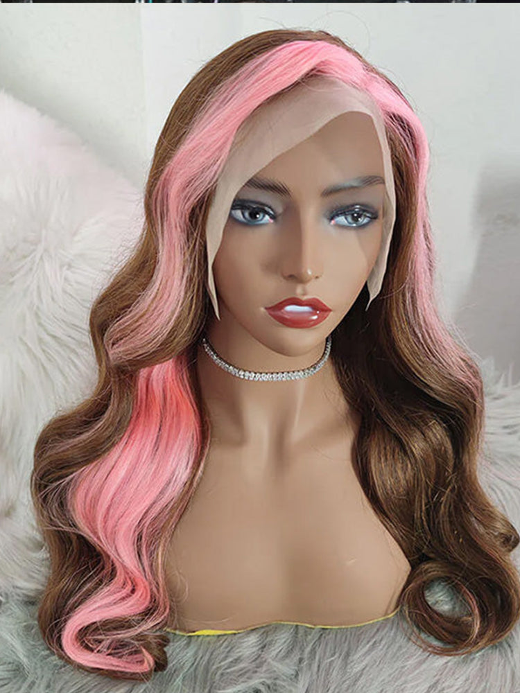 Strawberry Pink & Chocolate Skunk Stripe Color Wig Straight and Body Wave 13*4 Lace Front Wig