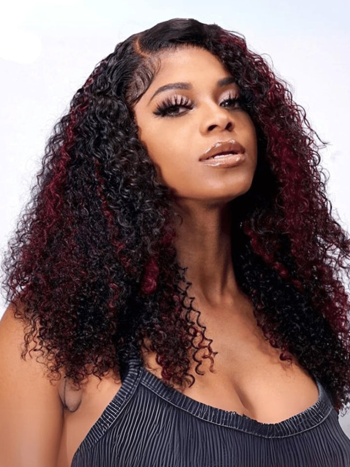 Burgundy Highlighted Kinky Curly Human Hair Wig 13x4 Lace Front Cute Curly Wig