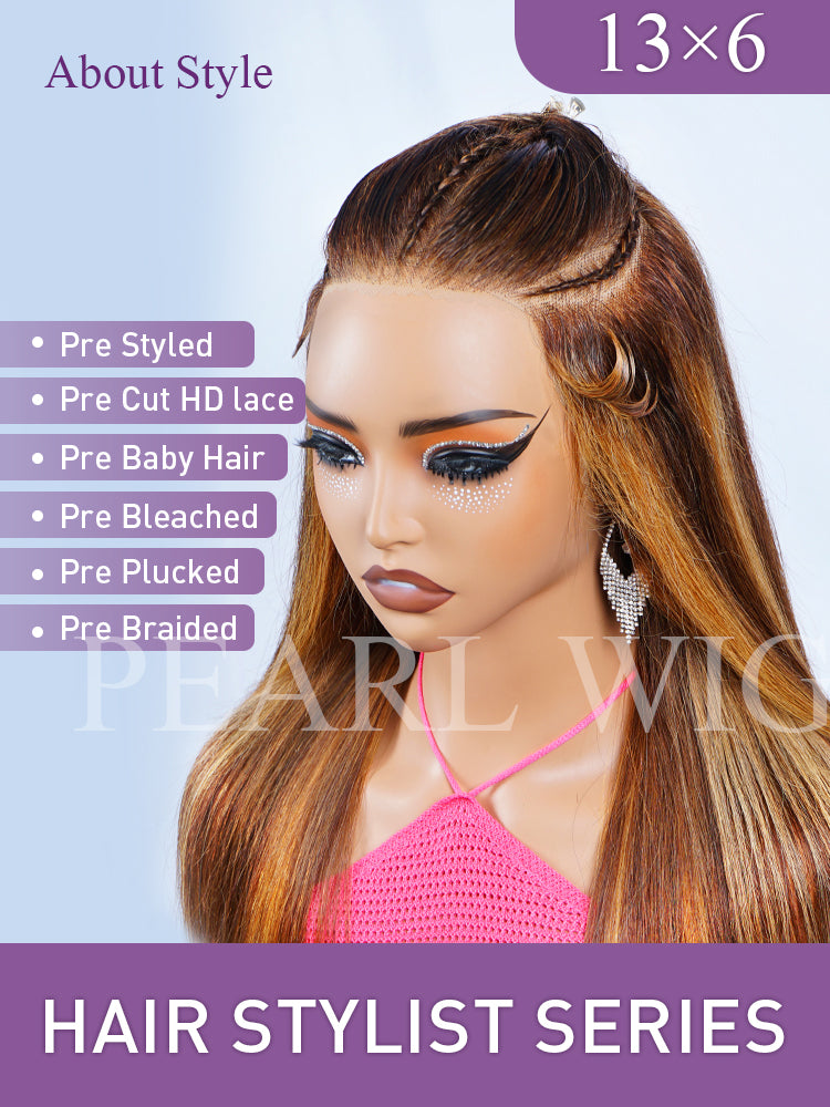 Pre-Braiding Highlights Ombre Straight 13x6 Lace Human Hair Wig Mini Knot Pre-Cut Lace Wigs