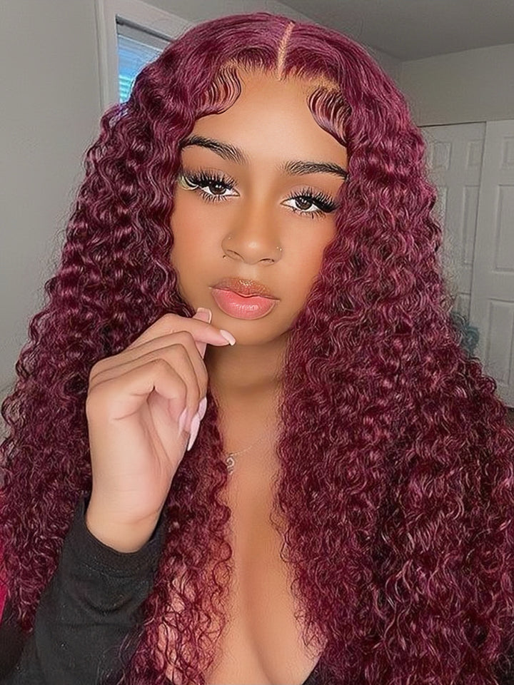 Red Burgundy Colored Water Wave Human Hair Wig HD Transparent Human Hair Wigs