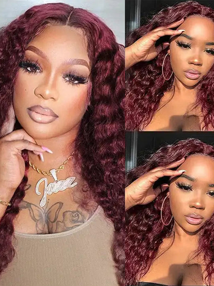 Red Burgundy Colored Deep Wave Human Hair Wig HD Transparent Human Hair Wigs