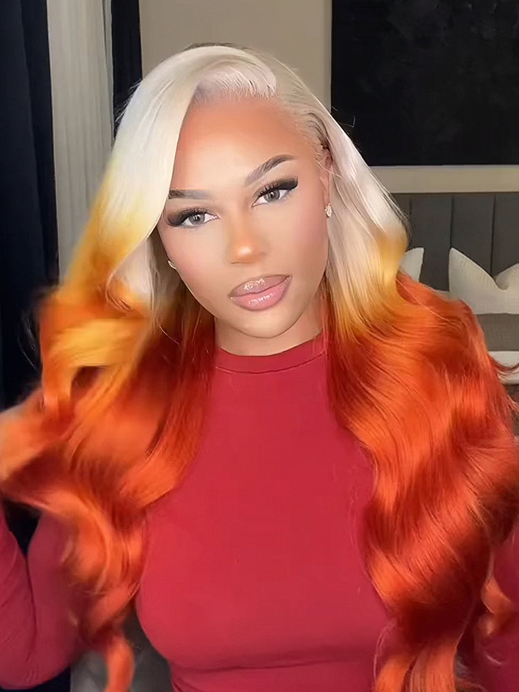 613 Blonde Ombre Highlight Ginger Orange Color Body Wave Human Hair Pre Cut 13x4 Lace Front Human Hair Wigs