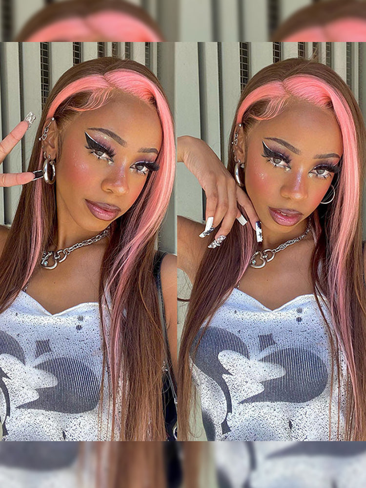 Strawberry Pink & Chocolate Skunk Stripe Color Wig Straight and Body Wave 13*4 Lace Front Wig