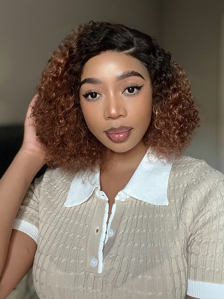 PEARL WIG Ready & Go  Black With Brown Highlights Bob Kinky Curly  Wig  5x5 HD Lace Wig