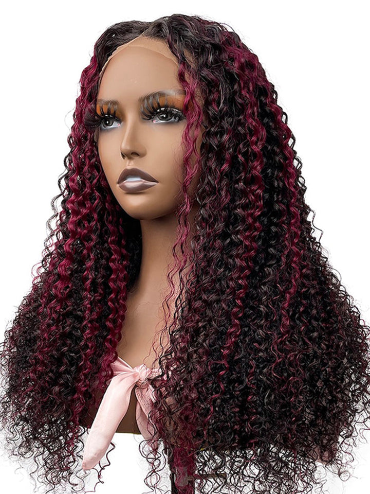 Burgundy Highlighted Kinky Curly Human Hair Wig 13x4 Lace Front Cute Curly Wig