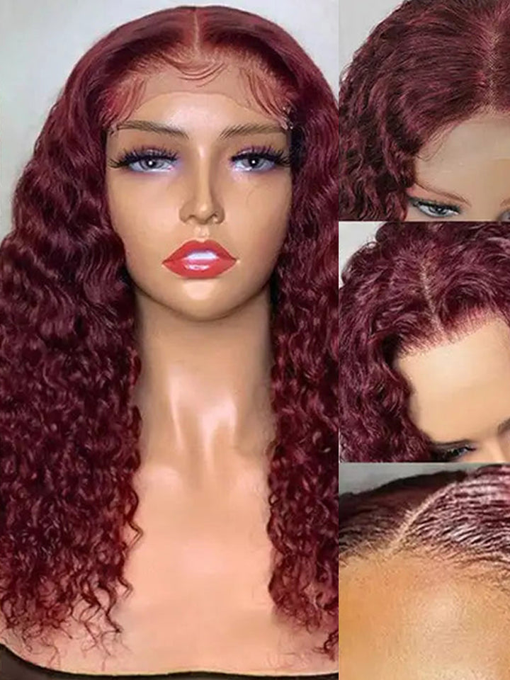 Red Burgundy Colored Deep Wave Human Hair Wig HD Transparent Human Hair Wigs