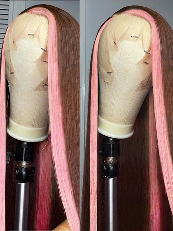 Strawberry Pink & Chocolate Skunk Stripe Color Wig Straight and Body Wave 13*4 Lace Front Wig