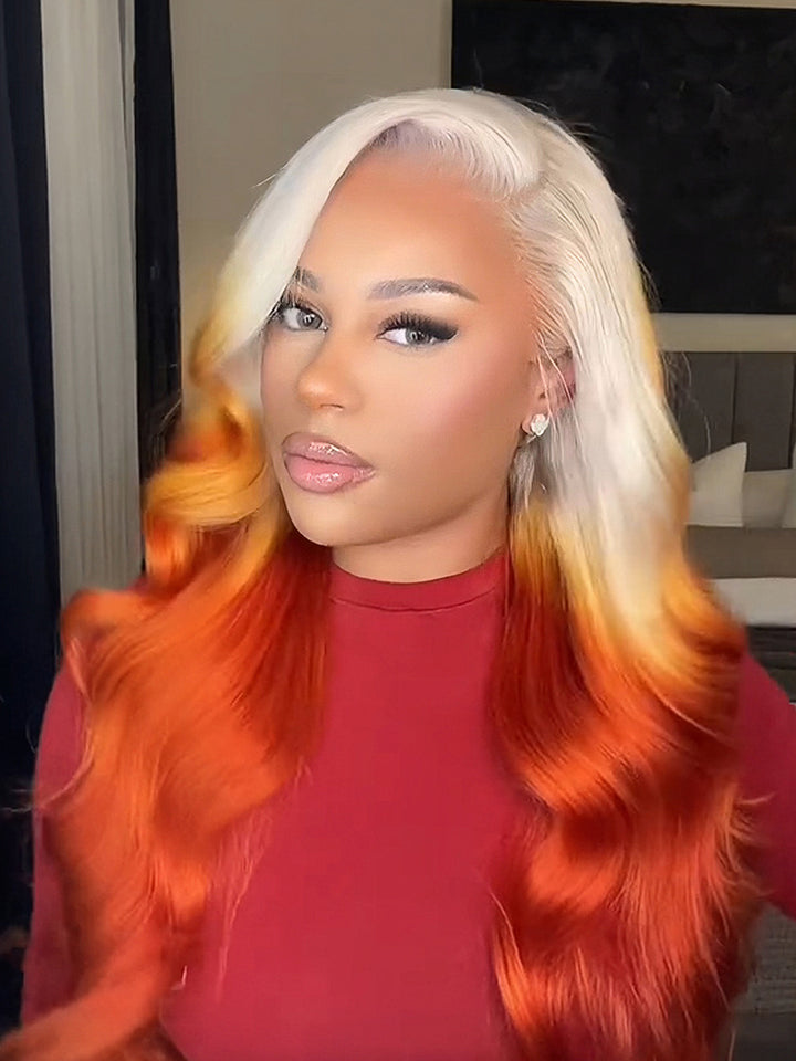 613 Blonde Ombre Highlight Ginger Orange Color Body Wave Human Hair Pre Cut 13x4 Lace Front Human Hair Wigs