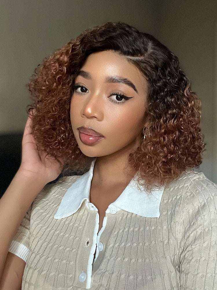 PEARL WIG Ready & Go  Black With Brown Highlights Bob Kinky Curly  Wig  5x5 HD Lace Wig