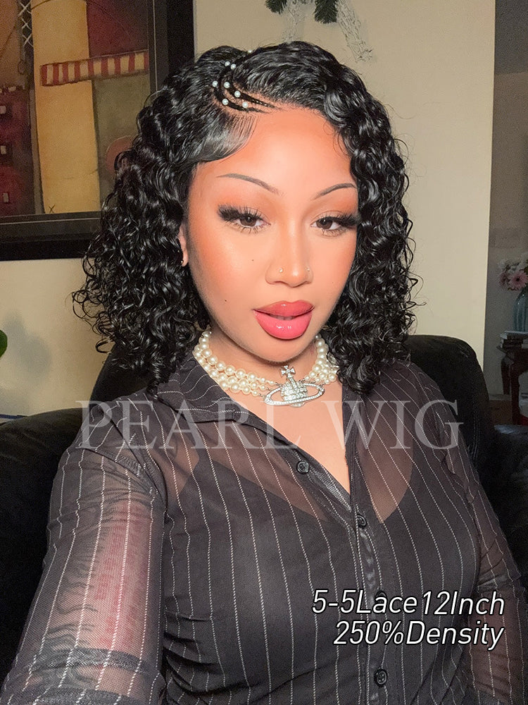 Pre-Braiding Curved Moon Water Wave Human Hair Wig 5x5 HD Transparent Lace Front Wigs